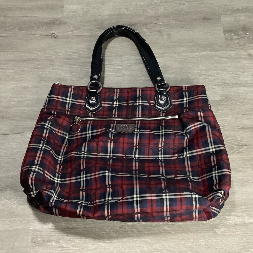 Coach poppy red & blue plaid handbag with dust cover